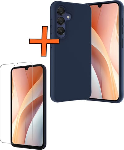 Hoes - Met Screenprotector - Geschikt voor Samsung Galaxy A15 - Sterk & Shockproof - Back Cover - Siliconen Case - Telefoon Hoes - Donkerblauw