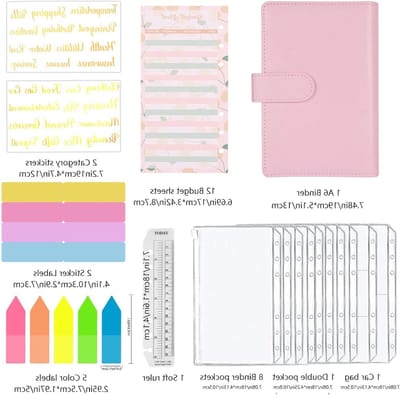 A6 Budget Planner met 29 Onderdelen, 6-Hole Loose Leaf Notitieboek voor Geldbeheer met Budgetbladen, Vakken en Stickers in Roze voor Thuis en Werk