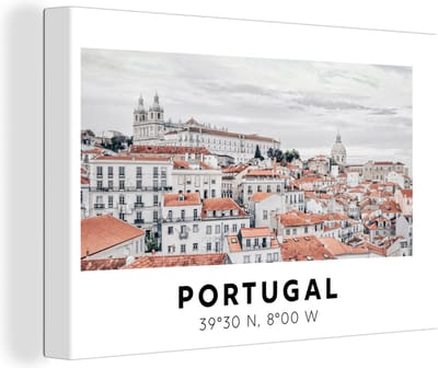 Canvas Schilderij Portugal - Europa - Rood - Skyline - 30x20 cm - Wanddecoratie