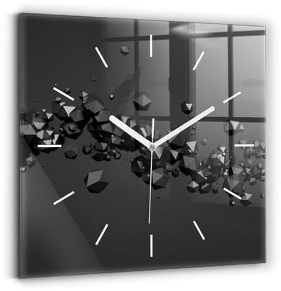 Wallfluent Wandklok - Zwarte abstractie Unieke Wandklok - 30 cm x 30 cm - Zwart Wandklok - Witte Handen - Wandklok Zonder Cijfers - Wandklok Glas Woonkamer - Vierkante Glas Klok - Scandinavisch Wandklok - Klok als Muurdecoratie