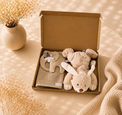 Kraampakket beige – knuffel konijn, Baby speenkoord & Slab – neutraal kraamcadeau – baby meisje / jongen – babyshower – Luxe Gouden Geschenkverpakking – Brievenbus Kraamcadeau