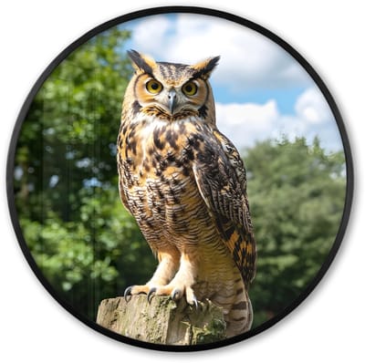 Poster in lijst Rond - Fotolijst 60x60 cm - Posters - Uil - Boomstronk - Bos - Lucht - Ronde posterlijst zwart - Decoratie - Wanddecoratie woonkamer - Muurdecoratie slaapkamer