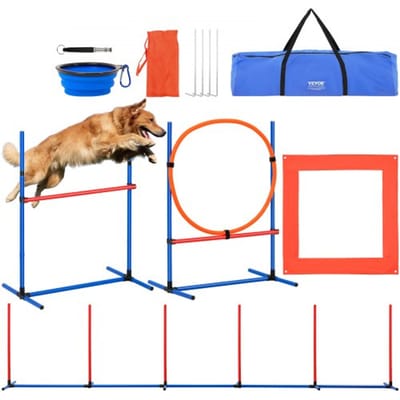VEVOR Agility Trainingsuitrusting voor Honden, Set van 4 met Verstelbare Hoge Horden, 6 Slalompalen, Springring, Vierkante Snackbox, Fluitje, Opvouwbare Kom, Puppy Hindernisbaanset voor in de Tuin, Binnen en Buiten