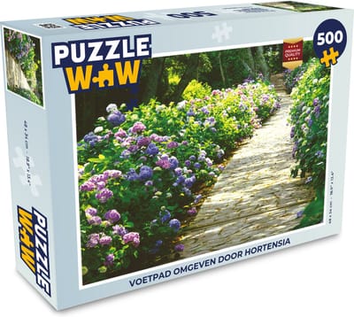 Puzzel Voetpad omgeven door hortensia - Legpuzzel - Puzzel 500 stukjes