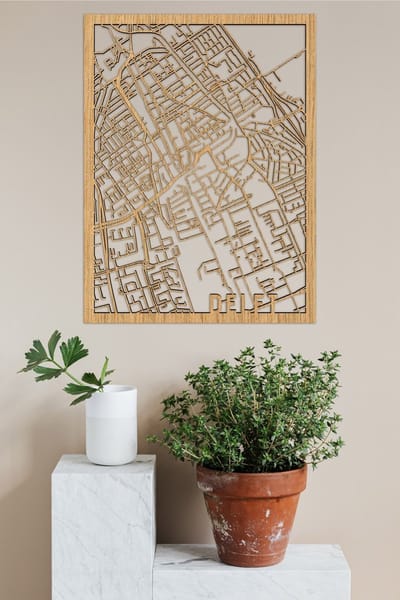 Houten Stadskaart Delft Eikenhout 30x40cm Wanddecoratie Voor Aan De Muur City Shapes