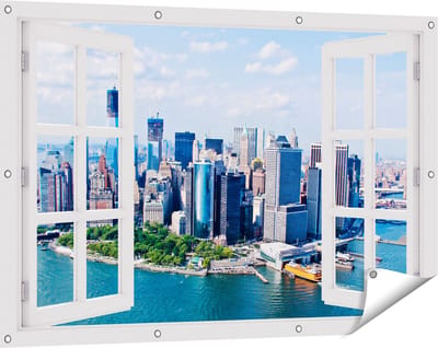 Gards Tuinposter Doorkijk New York Als een Eiland vanuit de Lucht - 120x80 cm - Tuindoek - Tuindecoratie - Wanddecoratie buiten - Tuinschilderij
