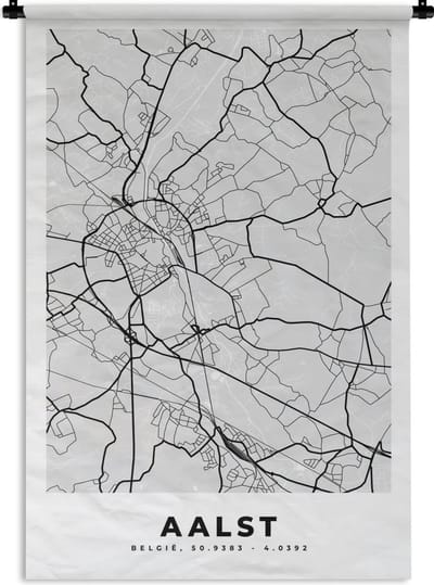 Wandkleed - Wanddoek - Zwart Wit – België – Plattegrond – Stadskaart – Kaart – Aalst - 120x180 cm - Wandtapijt