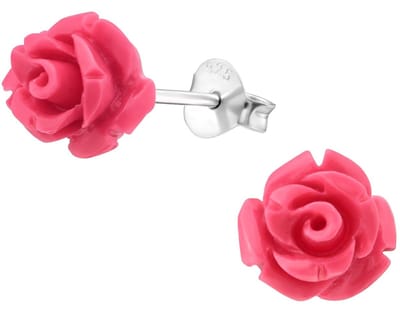 Joy|S - Zilveren roos oorbellen - roze roosje - 8 mm - bloem oorknoppen