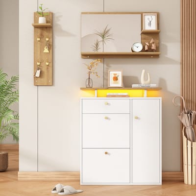 MODFU - 3-Delig Halgarderobeset - Met Spiegel En Ledverlichting - Voor Hal - Spaanplaat - Wit - 105 X 25 X 151,5 Cm