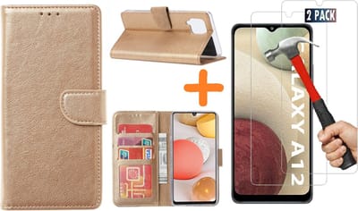 Hoesje Geschikt Voor Samsung Galaxy A12 hoesje wallet case Goud - Galaxy A12 hoesje bookcase Portemonnee- Galaxy A12 Hoesje book cover hoesjes met 2 pack Screenprotector