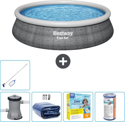Bestway Rond Opblaasbaar Fast Set Zwembad - Rotanprint - 457 x 84 cm - Inclusief Pomp Solarzeil - Onderhoudspakket - Filter - Schoonmaakset
