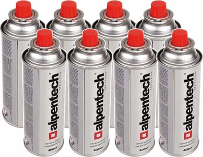 Alpen Camping - set van 8 stuks - Gaspatroon 220g / 380ml | Certificaat: Pi 0875 | Voldoet aan EN521- butaan, werkgebied -10°c tot + 40°c, IK300