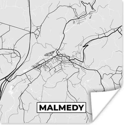 Poster Zwart Wit – België – Plattegrond – Stadskaart – Kaart – Malmedy - 100x100 cm XXL