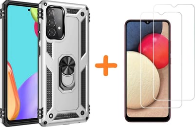 Hoesje Geschikt Voor Samsung Galaxy A02s Hoesje kickstand Armor met Ring houder TPU backcover hoesje - Zliver met Galaxy A02S screenprotector 2 pack