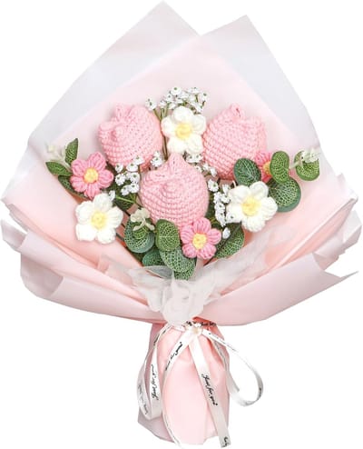 Gehaakte Bloemen - Knutselboeket - Woondecoratie - Handgemaakt Uniek - 35 cm - Roze