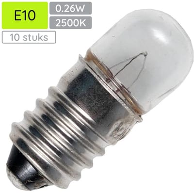 Signaallamp E10 1.2V 0.26W - 216 mAh - 10 stuks - T9 Gloeilamp Ø9mm - 23mm - 2500K - Dimbaar