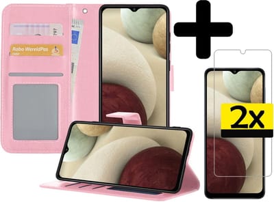Hoesje - Met 2x Screenprotector - Geschikt voor Samsung Galaxy A12 - Luxe Pasjeshouder - Bookcase Portemonee - Flip Case - Kunstleer Book Case - Flipcase Hoes - Book Cover - Walletcase - Portemonneehoes - Telefoonhoesjes - Lichtroze