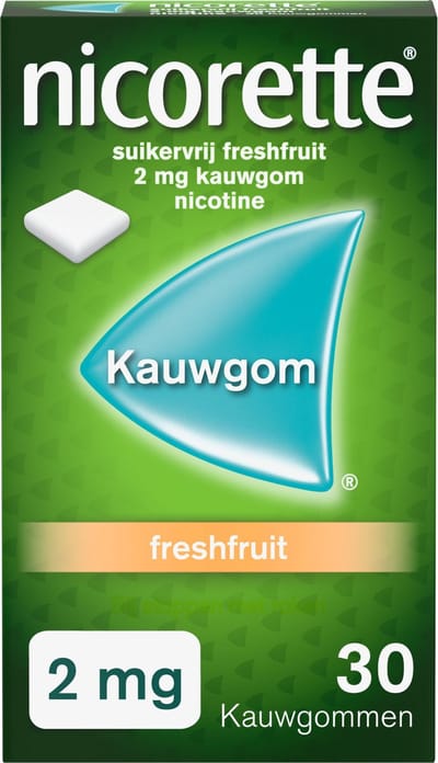 Nicorette Suikervrije Kauwgom Freshfruit - 2 mg nicotinekauwgom - nicotinevervanger - stoppen met roken - 1 x 30 stuks