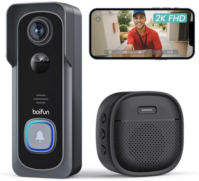 BOIFUN 2K Ultra HD Slimme Draadloze Video Deurbel Met Camera - Video Deurbel Zonder Abonnement - Video Deurbel met Camera - Deurbel Draadloos WiFi - 166° Breed Gezichtsveld - Incl. Gong