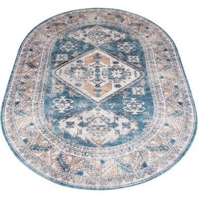 Vloerkleed Laria Blue 4 - Ovaal 200 x 290 cm - Vintage Design Ovaal Vloerkleed met Medaillon Patroon