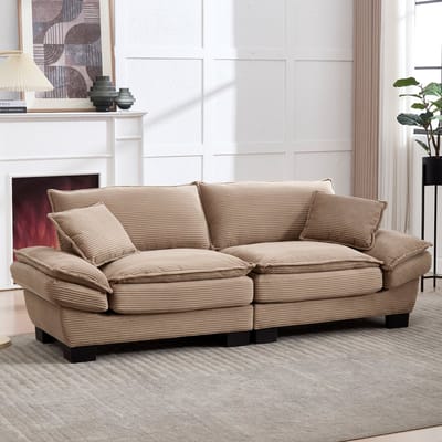 Een moderne, eenvoudige tweepersoonsbank met een verenmatras. Eén kussen is voldoende; comfortabel maar toch ruim en geschikt voor de woonkamer/slaapkamer/kantoor. Khaki