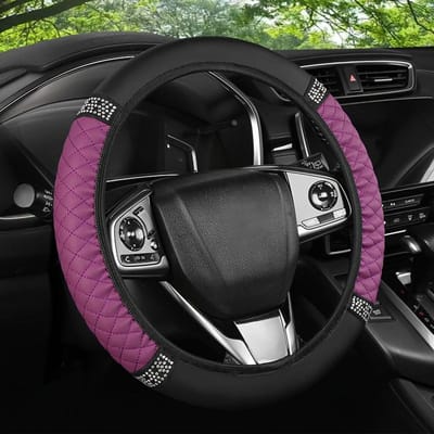 Couvre-volant de luxe en similicuir brodé avec accents de diamants colorés 3D - Sans anneau intérieur, convient pour les voitures, couvre-volant mignon violet