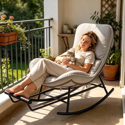Schommelstoel voor buiten - Hangstoel met frame - Ontspannen in de tuin - Uittrekbare voetsteun - 128x97 cm kussen - Beige