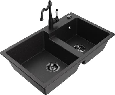 Mexen Tomas granieten gootsteen met 2 compartimenten en Carlabatterij, zwart/zilver metallic - 6516-73-670700-70-B