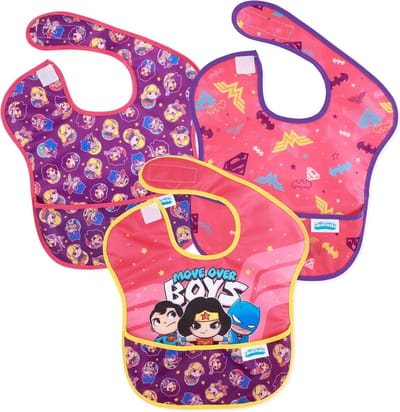 Bumkins SuperBib Waterdichte Baby Slab (3 stuks) - DC Comics Super Friends Move Over - 6-24 Maanden - Groot Opvangbakje tegen Knoeien - Verstelbare Klittenbandsluiting - 100% Polyester met TPU-Coating - Vlek- en Geurbestendig - Machinewasbaar