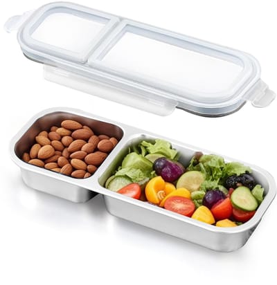 Snackbox met 2 vakken, roestvrijstalen snackbox met deksel, bento voor maaltijdbereiding, kantoorlunch, vliegreizen (700 ml, grijs)