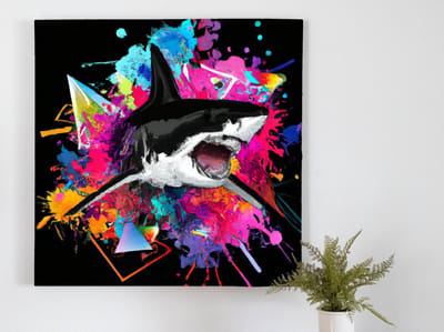 Haai attack met kleurexplosies | Haai attack met kleurexplosies | Kunst - 80x80 centimeter op Dibond | Foto op Dibond