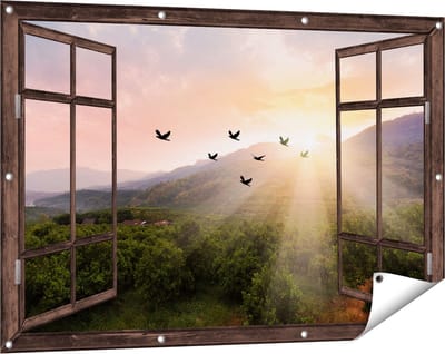 Gards Tuinposter Doorkijk Silhouet Zwerm Vogels bij Zonsondergang - 120x80 cm - Tuindoek - Tuindecoratie - Wanddecoratie buiten - Tuinschilderij