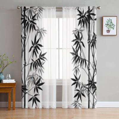 Bamboe Zwart-Wit Tule Transparante Gordijnen voor Woonkamer de Kamer Slaapkamer Keuken Decoratie Voile Organza Gordijnen 135W x 114H(cm) white