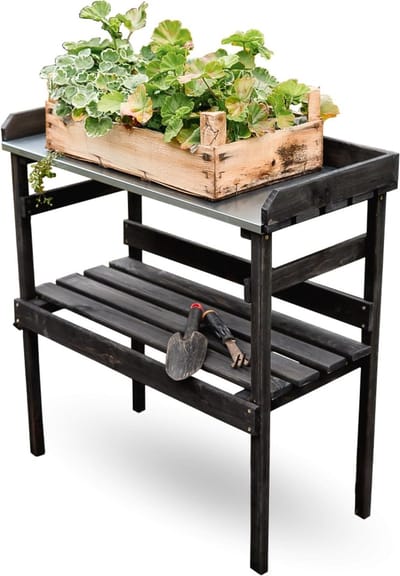 Planten tafel - Tuintafel werktafel - Tuinieren binnen buiten - Zinkplaat tafelblad - 78 x 82 x 38 cm - Zwart