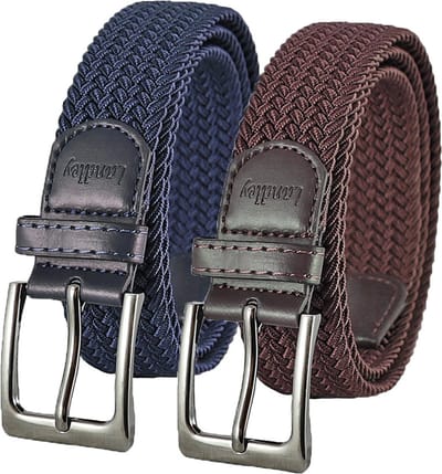 Landley Elastische Gevlochten Stretch Riemen Duopack - Voordeelset met 2 riemen - Dames en Heren - Blauw en Bruin - Lengte totaal 100 cm / Riemmaat 85