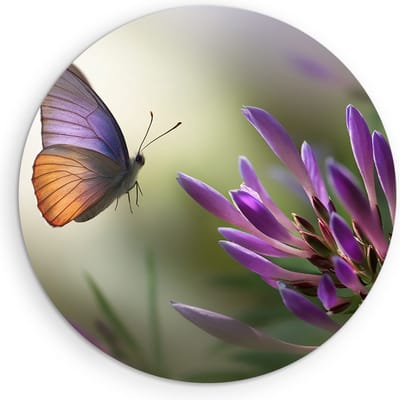 Saammp Muurcirkel Hout - Vlinder naar paarse bloem - Natuur - Dieren - Ø 90 - Wandcirkel - Wanddecoratie Cirkel - muurdecoratie Woonkamer - Slaapkamer decoratie - Rond Schilderij
