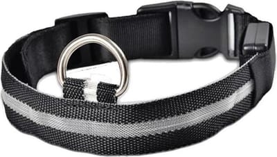 Halsband hond met LED licht - USB oplaadbaar - Hondenlamp - Leiband - Lichtgevend - Honden halsband - Katoen / metaal - Veiligheid - Maat M - Zwart / grijs / wit - 40 tot 48 cm - Inclusief laadkabel
