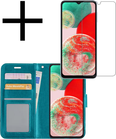 Hoesje - Met Screenprotector - Geschikt voor Samsung Galaxy A23 - Luxe Pasjeshouder - Bookcase Portemonee - Flip Case - Kunstleer Book Case - Flipcase - Book Cover - Walletcase - Portemonneehoes - Turquoise