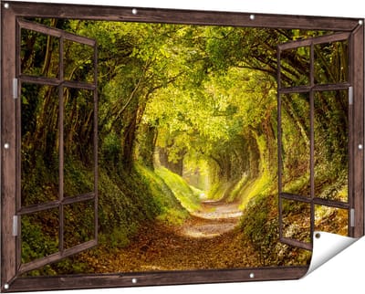 Gards Tuinposter Doorkijk Pad in het Bos met veel Bladeren - 150x100 cm - Tuindoek - Tuindecoratie - Wanddecoratie buiten - Tuinschilderij