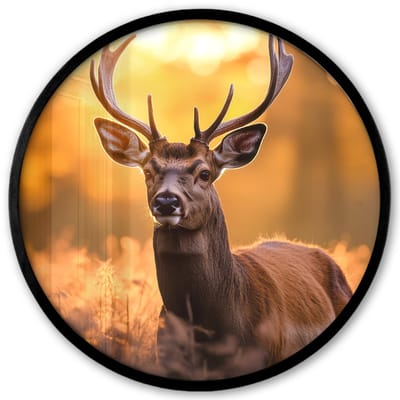 Poster in lijst Rond - Fotolijst 40x40 cm - Posters - Hert - Gewei - Herfst - Bos - Bruin - Natuur - Bosdieren - Ronde posterlijst zwart - Decoratie - Wanddecoratie woonkamer - Muurdecoratie slaapkamer