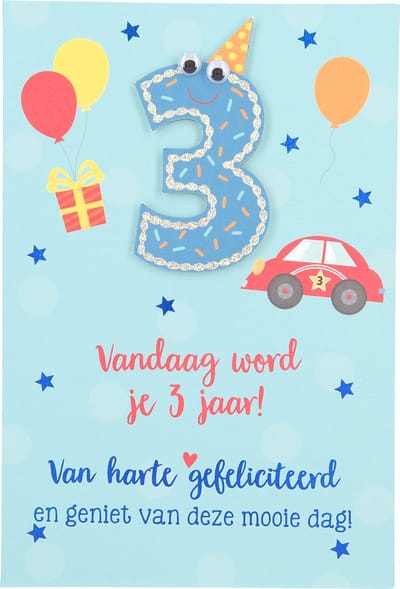Cijferkaarten - De mooiste Leetijd - Verjaardagskaart Vandaag word je 3 jaar! Van harte?
