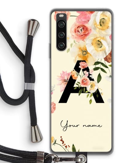 Gepersonaliseerd - Case Company® - Hoesje met koord geschikt voor Sony Xperia 10 IV hoesje met Koord - Flirty Flowers Monogram - Telefoonhoesje met Zwart Koord - Bescherming aan alle Kanten en Over de Schermrand