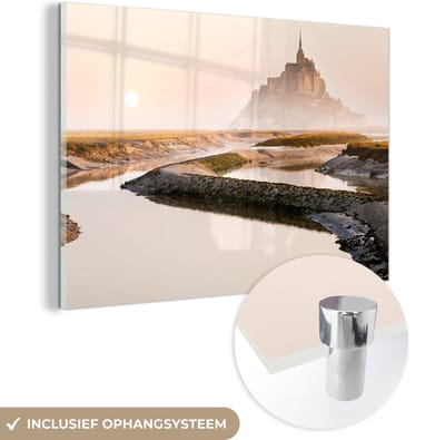 ® Glasschilderij 180x120 cm - Schilderij acrylglas - Frankrijk - Mist - Zon - Foto op glas - Muurdecoratie woonkamer - Wanddecoratie slaapkamer - Schilderijen
