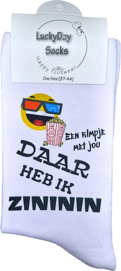 Zininin - Bioscoop Sokken - Film Kijken - Verjaardags cadeau vrouw en man - Popcorn sokken - Filmavond cadeau - Witte sokken met tekst - grappige sokken - leuke dames en heren sokken - moederdag - vaderdag - Socks waar je Happy van wordt - Maat 37-44