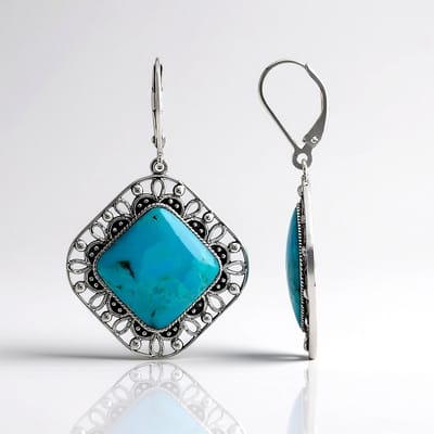 Cavill - Elegante Handgemaakte Oorbellen - 925 Sterling Zilver Geoxideerd - Blauwe Kingman Mohave Turkoois 10,53 ct - Carré Cabochon Natuursteen