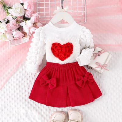 2PCS Hiver Style cœur Pour Filles de 0 à 3 Ans, Manches Ballons Confortables Douces et Mignonnes, Top Love Chapter + Ensemble Jupe Courte Rose 9-12M white