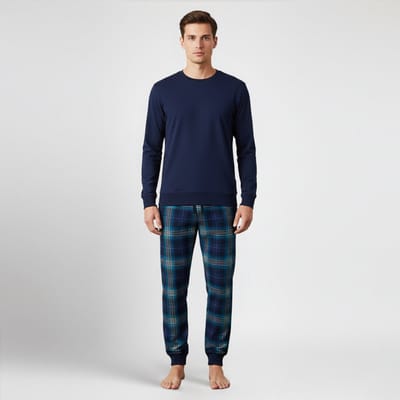 La V pyjamaset voor heren met geruite flanel broek met ronde hals top Donkerblauw S