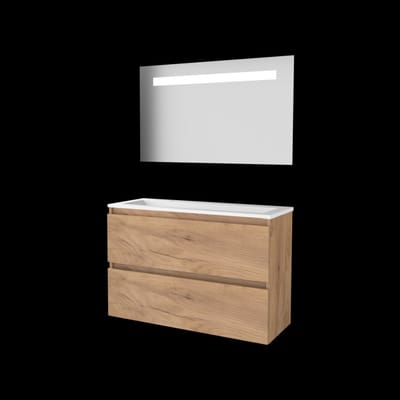 Basic-Line Economic 39 Badkamermeubelset - Ondiep - 100 x 39 cm - Greeploos - 2 Lades - Acryl Wastafel - 2 Kraangaten - Spiegel met LED Verlichting - Whisky Oak