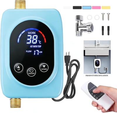 Doorstroomverwarmer Elektrisch - 3800W 220V - Met Touchscreen en Afstandsbediening - 50°C Max - Onderbouw Ontwerp - Voor Keuken en Camper - EU Stekker - Blauw