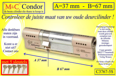 M&C Conder high-tech security deurcilinder 37x67 mm MET 5 SLEUTELS - SKG*** - Politiekeurmerk Veilig Wonen  -  inclusief MilaNNE gereedschap montageset
